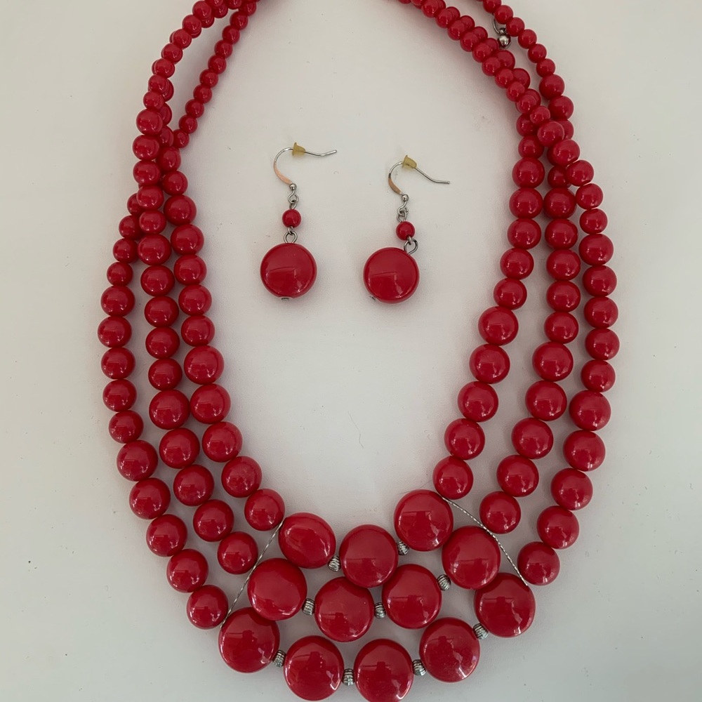 Red Statement Necklace and Earrings